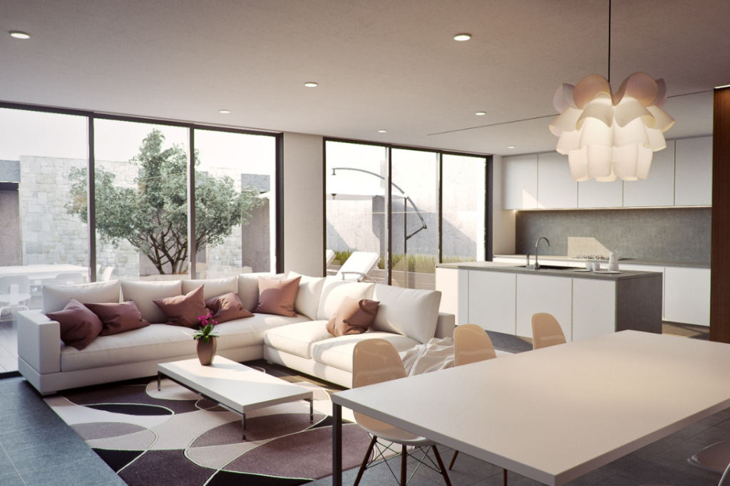 Render 3D de una casa reformada mostrando una distribución moderna y acabados de alta calidad para aumentar el valor de la propiedad antes de venderla