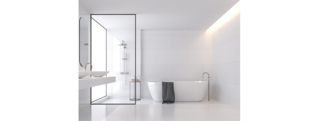 Render 3D de un baño reformado con acabados modernos y distribución optimizada